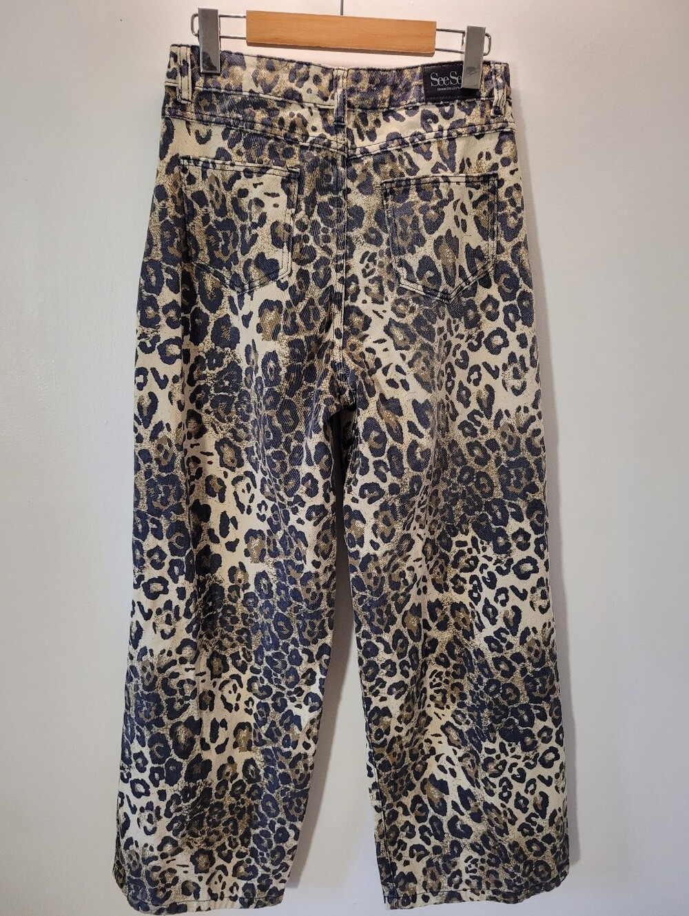 See See Paris Wide Leg Leopard Print Y2k Cotton Jeans - Tan/Black - Size 36 - Picture 9 of 9